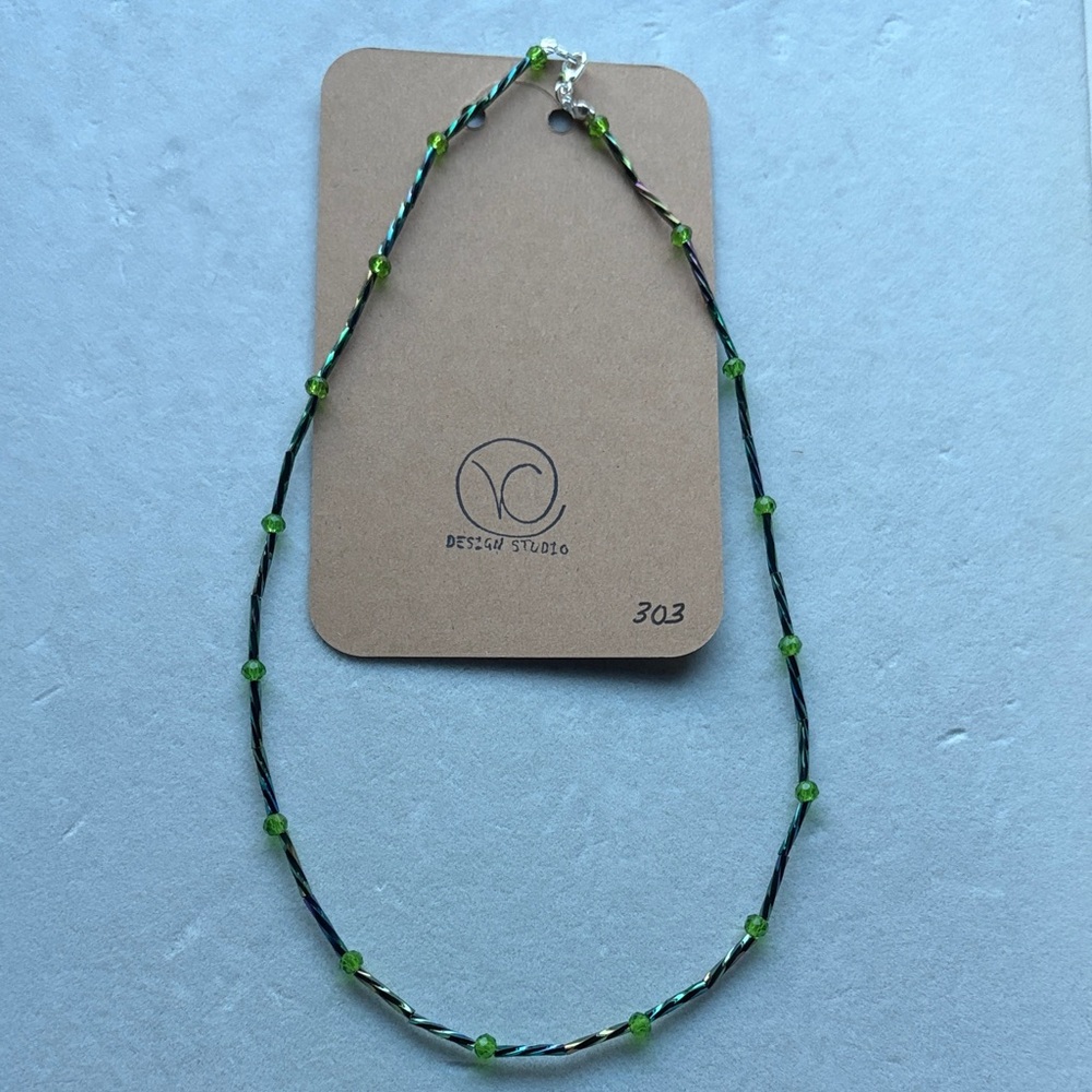 Green Crystal & Multi-Color Twisted   Beaded Necklace Style# 303